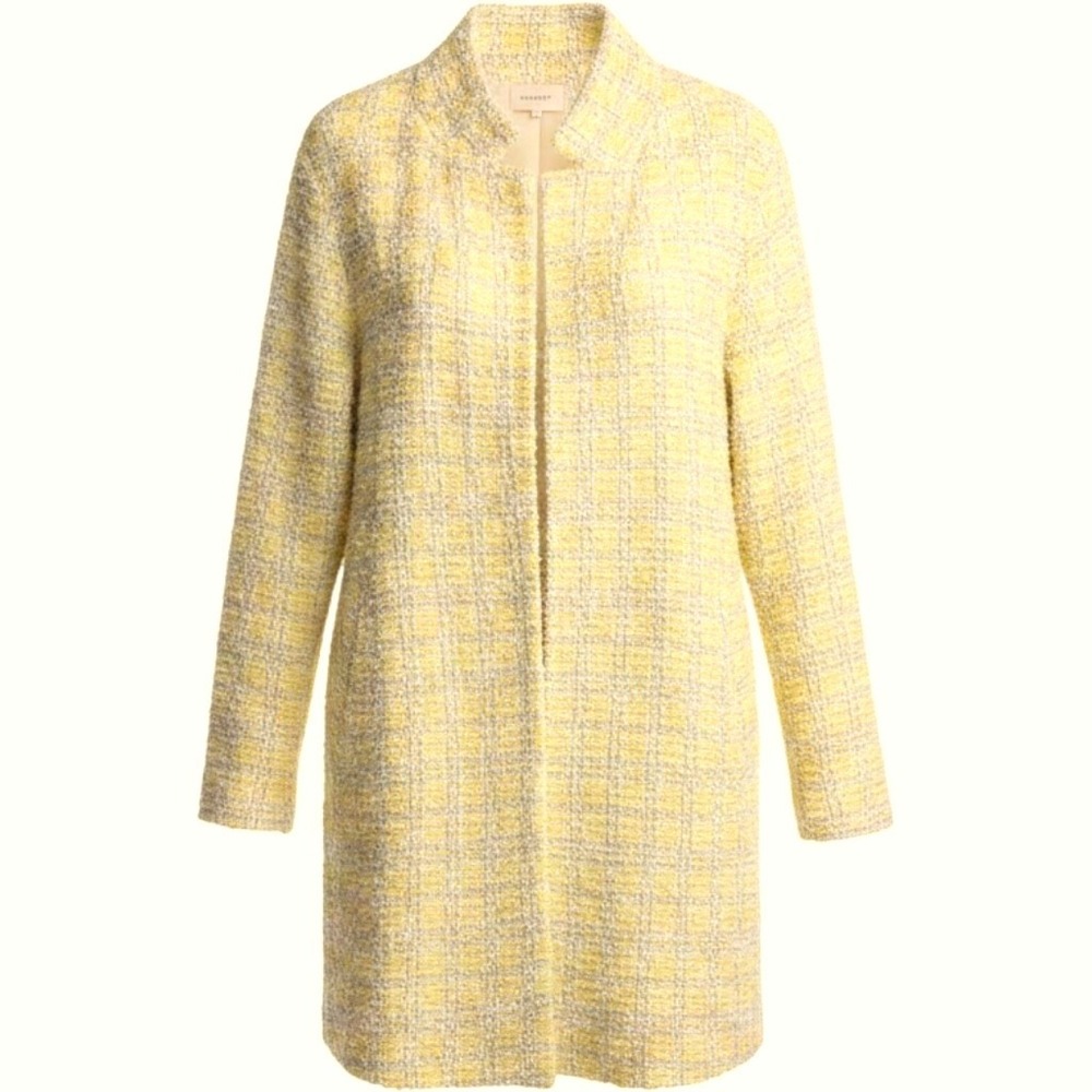 Melloday Womens Yellow Tweed Open Front Longline Jacket Coat Mock Neck Sz L